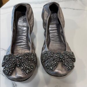 Tory Burch Metallic Silver Leather Bow Crystal Ballet Flats